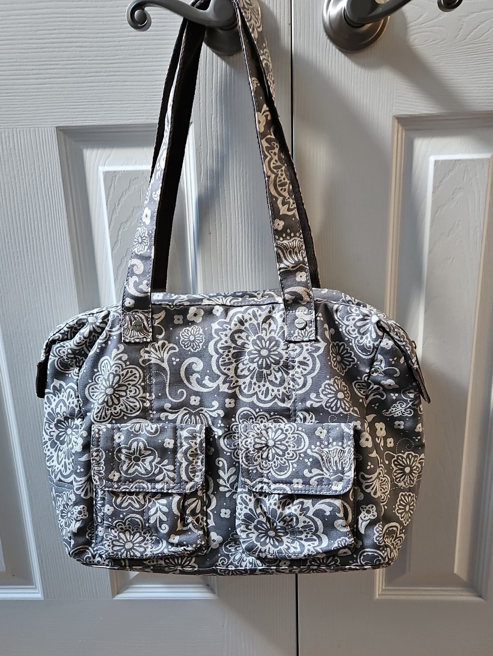 Thirty One Gray Floral Quilted Tote Bag with Front Pockets